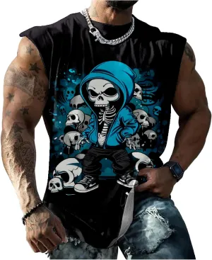 HOTYD Skull Print Graphic Tank Tops for Men Sleeveless Casual Cotton Shirts Big and Tall Muscle Shirts Bodybuilding Tank Tops