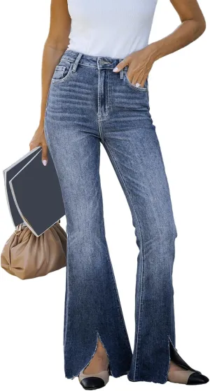 HOXIJIA Women High Waisted Wide Leg Denim Pants Y2K Patterned Baggy Flared Hem Jeans Stretch Bell Bottom Trousers