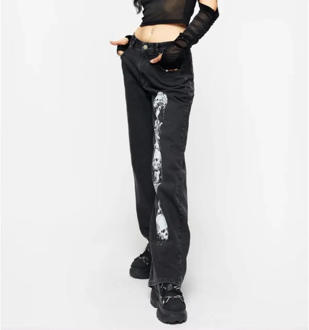 HOXIJIA Women High Waisted Wide Leg Denim Pants Y2K Patterned Baggy Flared Hem Jeans Stretch Bell Bottom Trousers