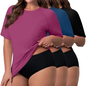 Huukeay 3 Pack Quick Dry Women's Plus Size Rash Guard Swim Shirts Short Sleeves Raglan Swimsuit T-Shirts Activewear Tops