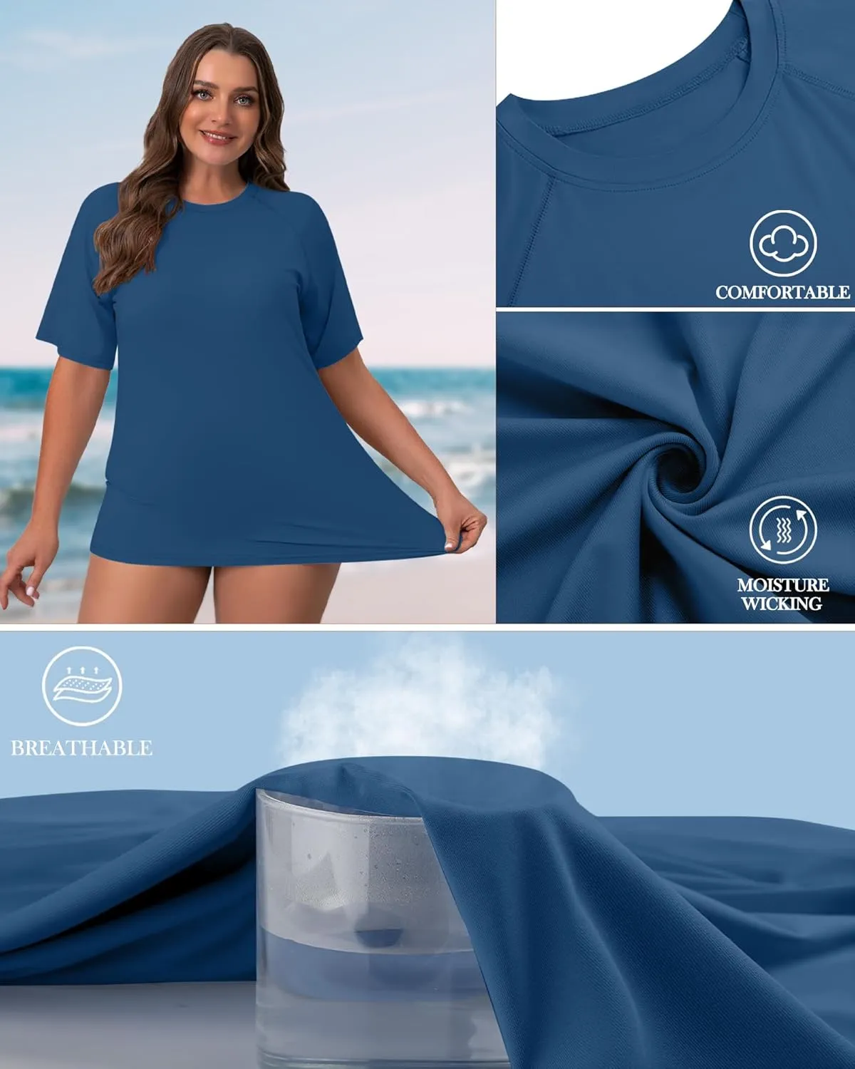 Huukeay 3 Pack Quick Dry Women's Plus Size Rash Guard Swim Shirts Short Sleeves Raglan Swimsuit T-Shirts Activewear Tops