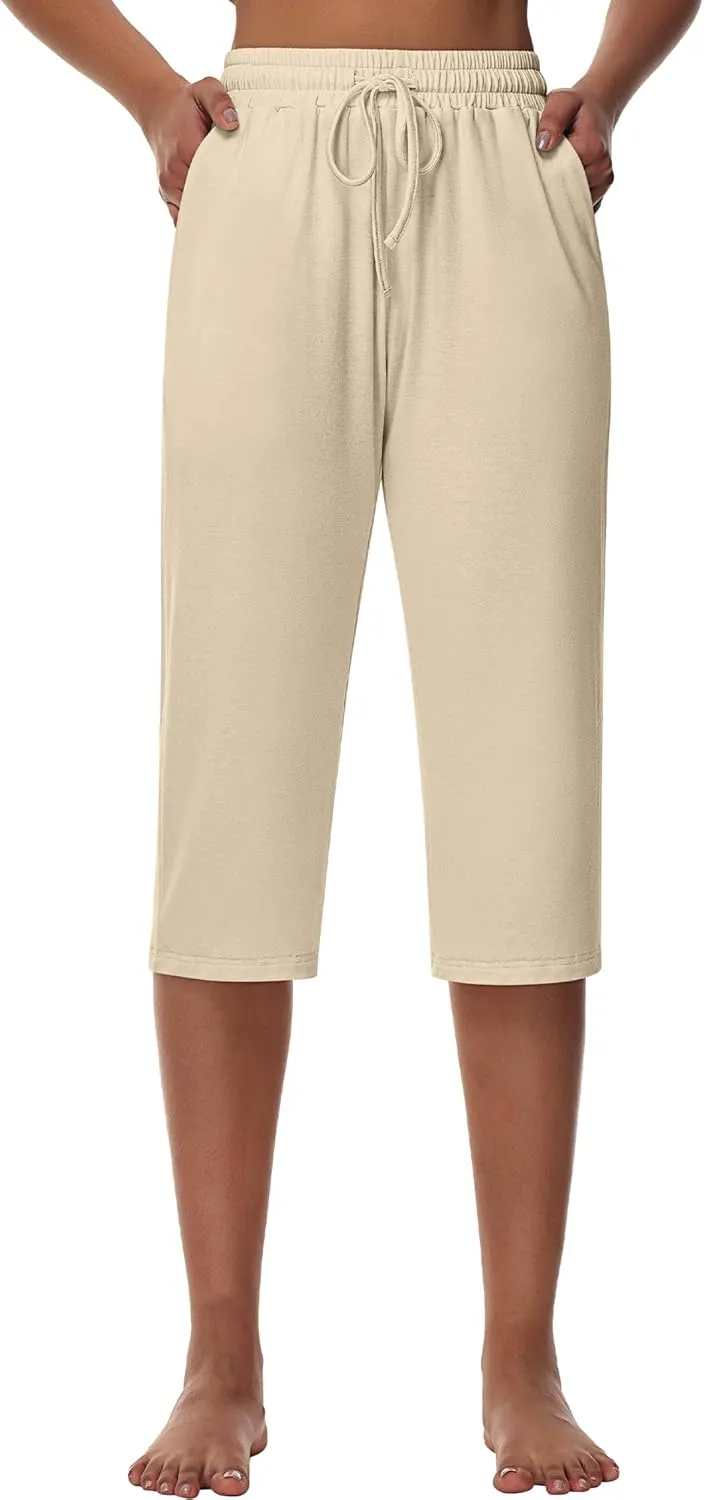 Huukeay 3 Pack Women's Capri Sweatpants, Cozy Lounge Drawstring Capris with Pockets Wide Legs Jogger Workout Yoga Pants