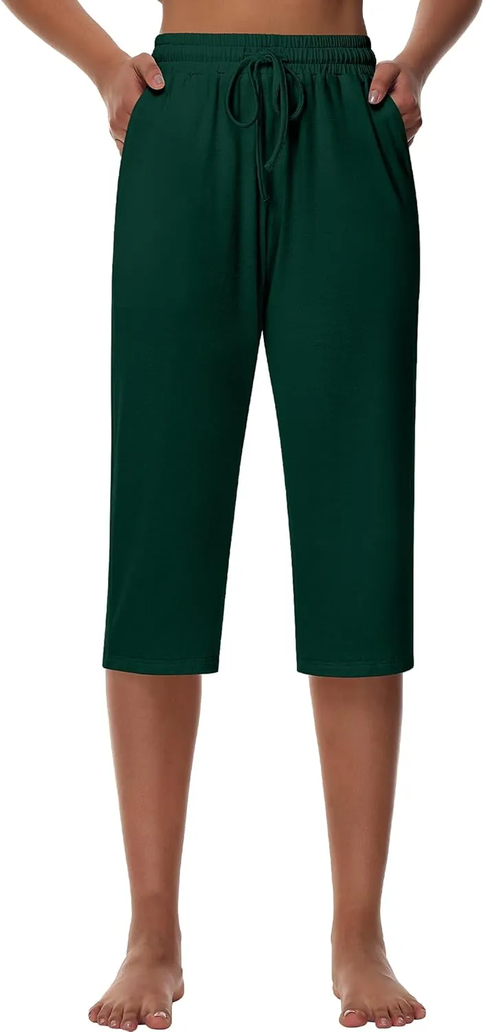 Huukeay 3 Pack Women's Capri Sweatpants, Cozy Lounge Drawstring Capris with Pockets Wide Legs Jogger Workout Yoga Pants