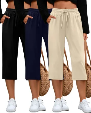 Huukeay 3 Pack Women's Capri Sweatpants, Cozy Lounge Drawstring Capris with Pockets Wide Legs Jogger Workout Yoga Pants