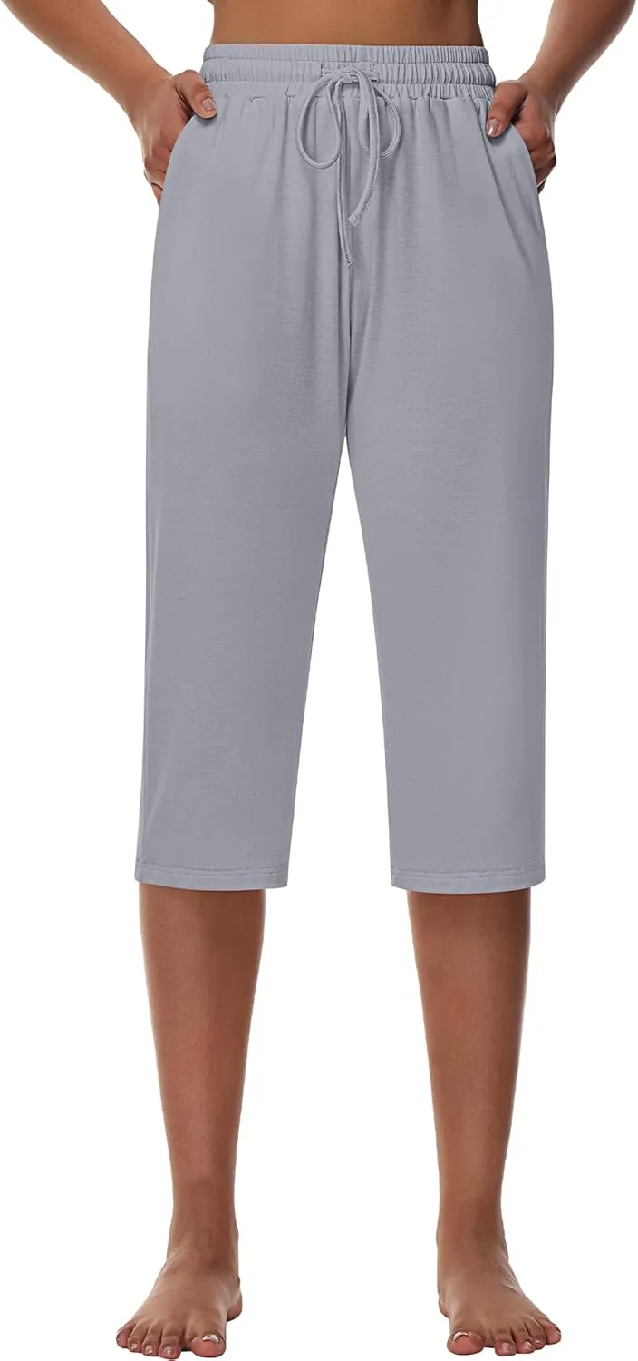 Huukeay 3 Pack Women's Capri Sweatpants, Cozy Lounge Drawstring Capris with Pockets Wide Legs Jogger Workout Yoga Pants