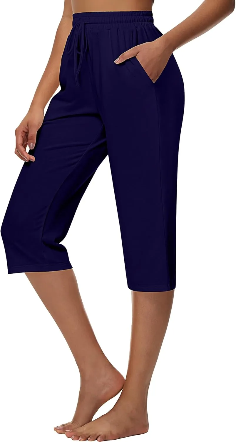 Huukeay 3 Pack Women's Capri Sweatpants, Cozy Lounge Drawstring Capris with Pockets Wide Legs Jogger Workout Yoga Pants