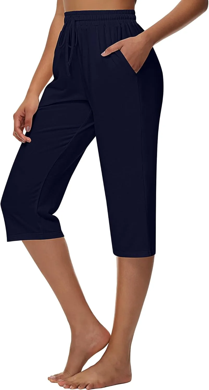 Huukeay 3 Pack Women's Capri Sweatpants, Cozy Lounge Drawstring Capris with Pockets Wide Legs Jogger Workout Yoga Pants