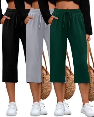 Huukeay 3 Pack Women's Capri Sweatpants, Cozy Lounge Drawstring Capris with Pockets Wide Legs Jogger Workout Yoga Pants
