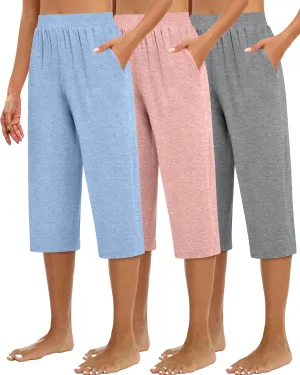 Huukeay 3 Pack Women's Capri Sweatpants, Cozy Wide Legs Cropped Capri with Pockets, Lounge Jogger Pants Workout Yoga Solid