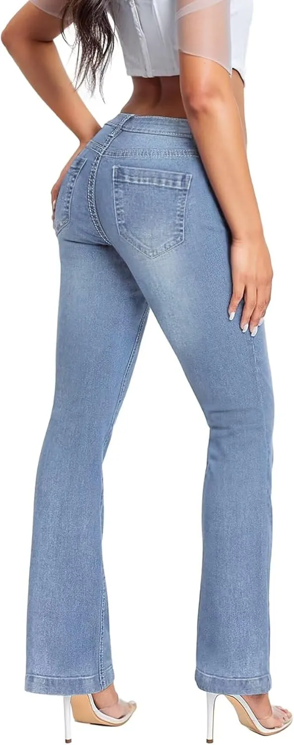 Hybrid & Company Women's Flare Mid Rise Jeans Trendy Stretchy Denim Pants with Pockets