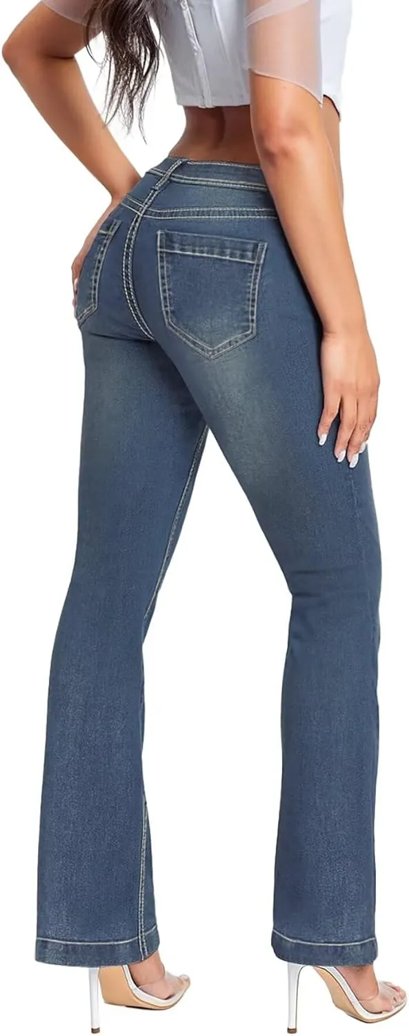Hybrid & Company Women's Flare Mid Rise Jeans Trendy Stretchy Denim Pants with Pockets