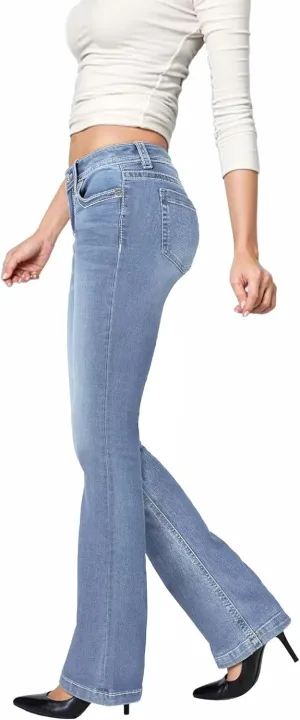 Hybrid & Company Women's Flare Mid Rise Jeans Trendy Stretchy Denim Pants with Pockets