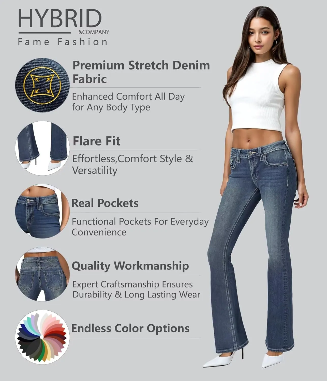 Hybrid & Company Women's Flare Mid Rise Jeans Trendy Stretchy Denim Pants with Pockets