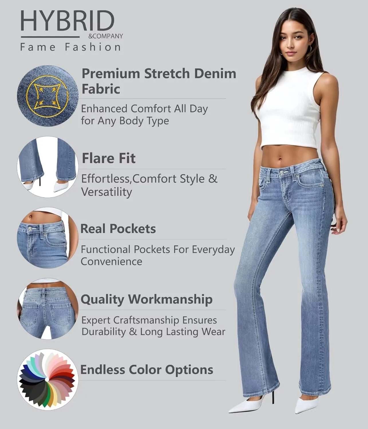 Hybrid & Company Women's Flare Mid Rise Jeans Trendy Stretchy Denim Pants with Pockets
