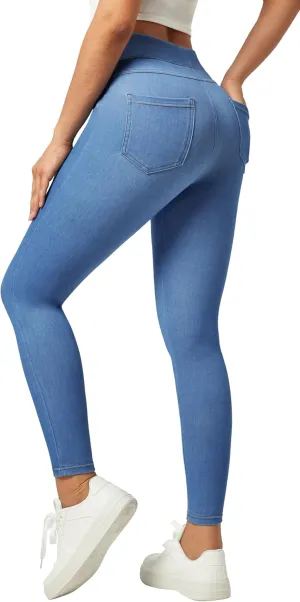 IUGA Jeggings for Women Tummy Control Stretchy High Waisted Jeans Pull on Skinny Jean Leggings with Pockets Trendy Casual