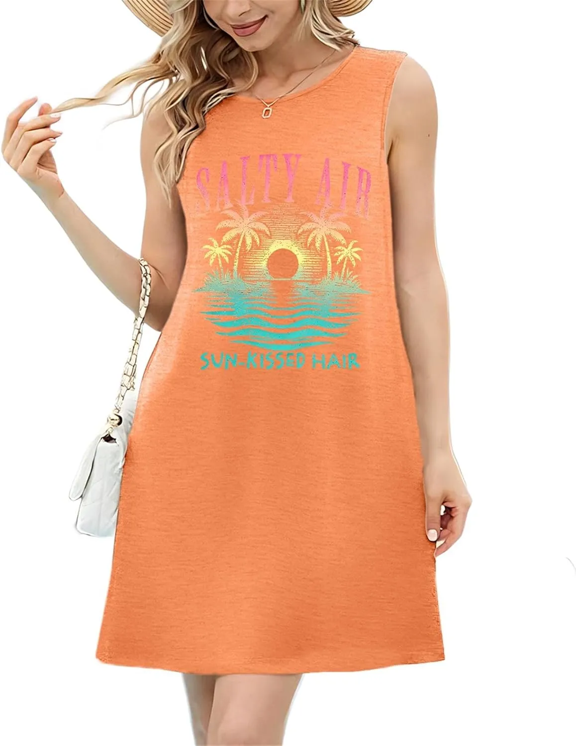 JINTING Summer Sundress for Women Salty Air Mini Tank Dress Plam Trees Graphic Dress Beach Vacation Sleeveless Dresses
