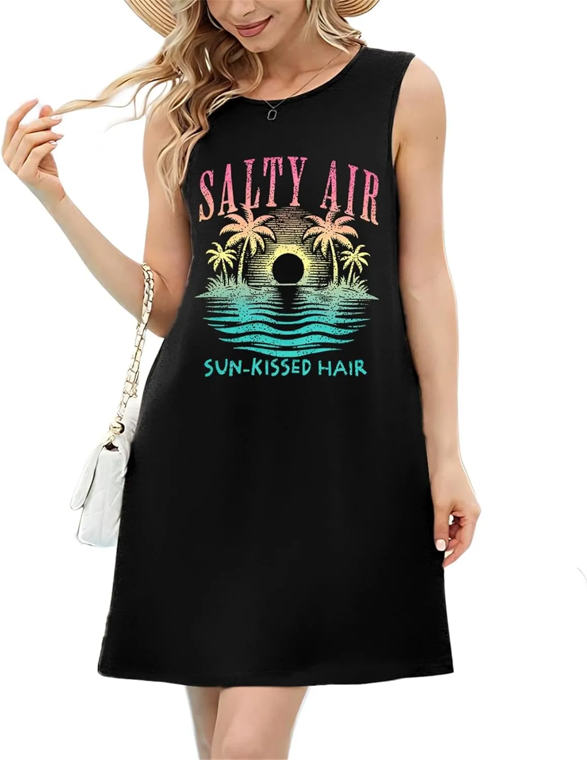 JINTING Summer Sundress for Women Salty Air Mini Tank Dress Plam Trees Graphic Dress Beach Vacation Sleeveless Dresses