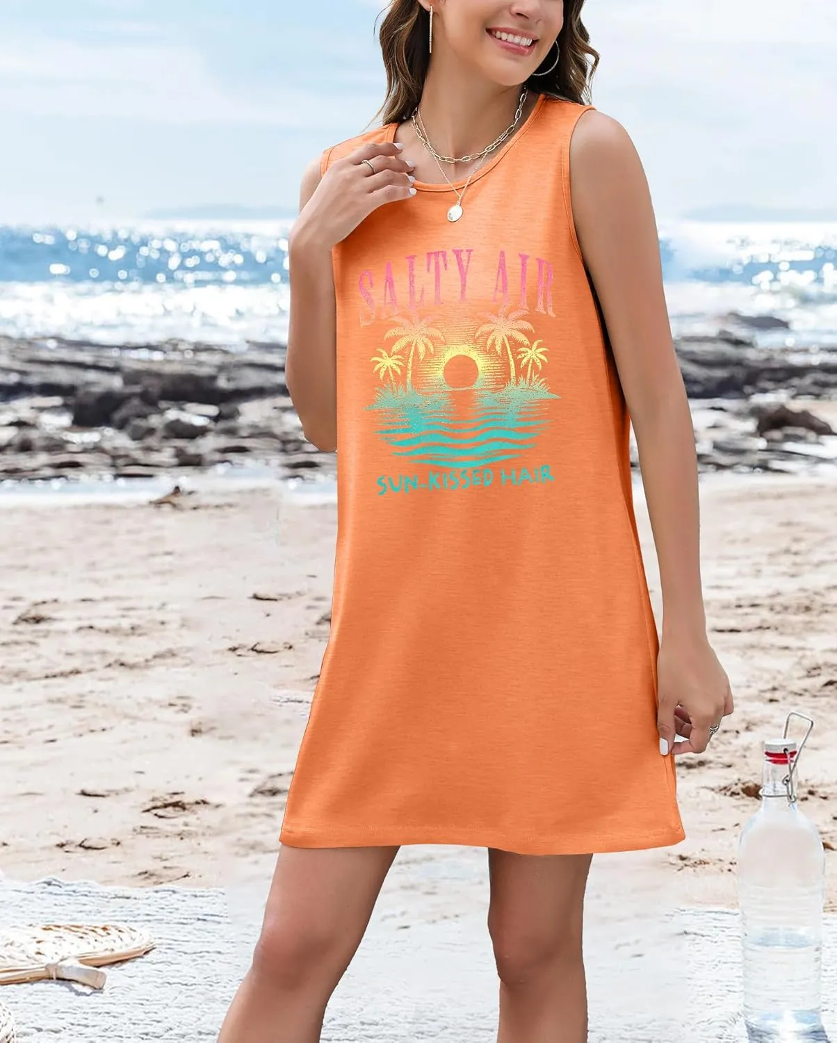 JINTING Summer Sundress for Women Salty Air Mini Tank Dress Plam Trees Graphic Dress Beach Vacation Sleeveless Dresses