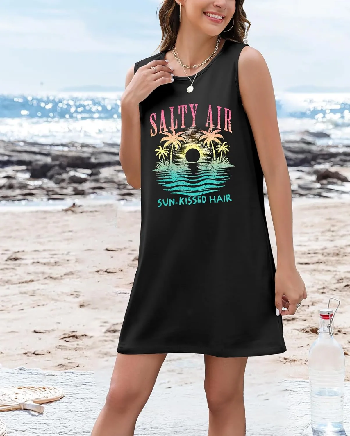 JINTING Summer Sundress for Women Salty Air Mini Tank Dress Plam Trees Graphic Dress Beach Vacation Sleeveless Dresses