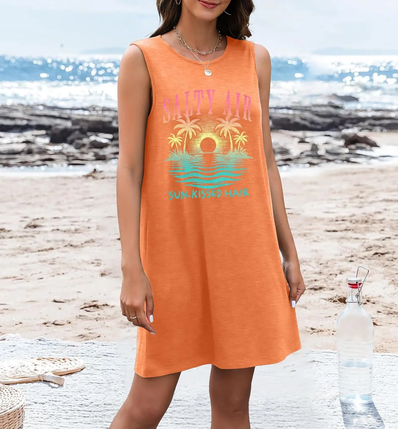 JINTING Summer Sundress for Women Salty Air Mini Tank Dress Plam Trees Graphic Dress Beach Vacation Sleeveless Dresses