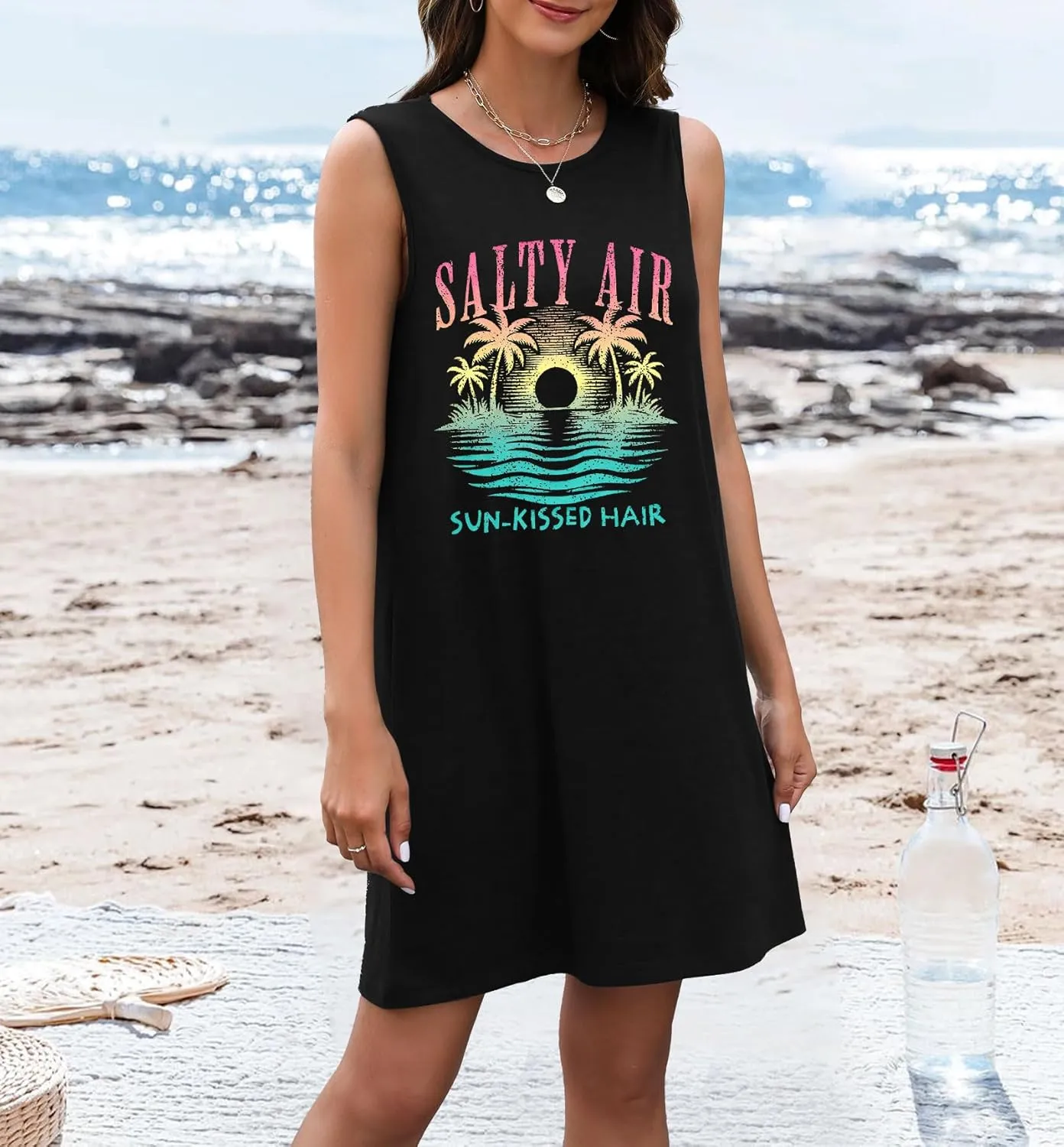 JINTING Summer Sundress for Women Salty Air Mini Tank Dress Plam Trees Graphic Dress Beach Vacation Sleeveless Dresses