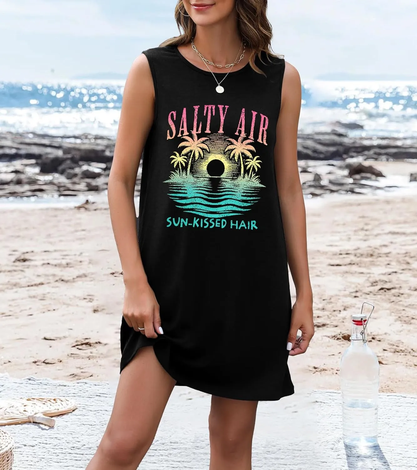 JINTING Summer Sundress for Women Salty Air Mini Tank Dress Plam Trees Graphic Dress Beach Vacation Sleeveless Dresses