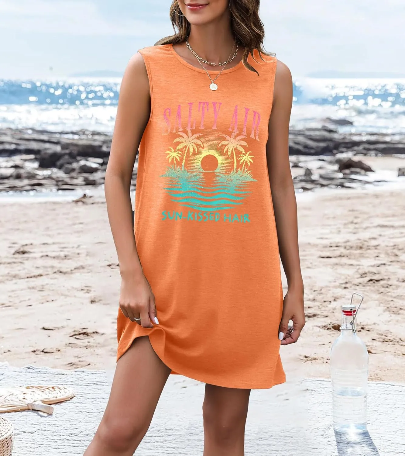 JINTING Summer Sundress for Women Salty Air Mini Tank Dress Plam Trees Graphic Dress Beach Vacation Sleeveless Dresses