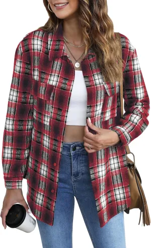 Jouica Womens 2024 Fall Clothes Plaid Shacket Jacket Long Sleeve Button Down Flannel Shirts Fashion Blouse