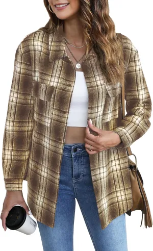 Jouica Womens 2024 Fall Clothes Plaid Shacket Jacket Long Sleeve Button Down Flannel Shirts Fashion Blouse