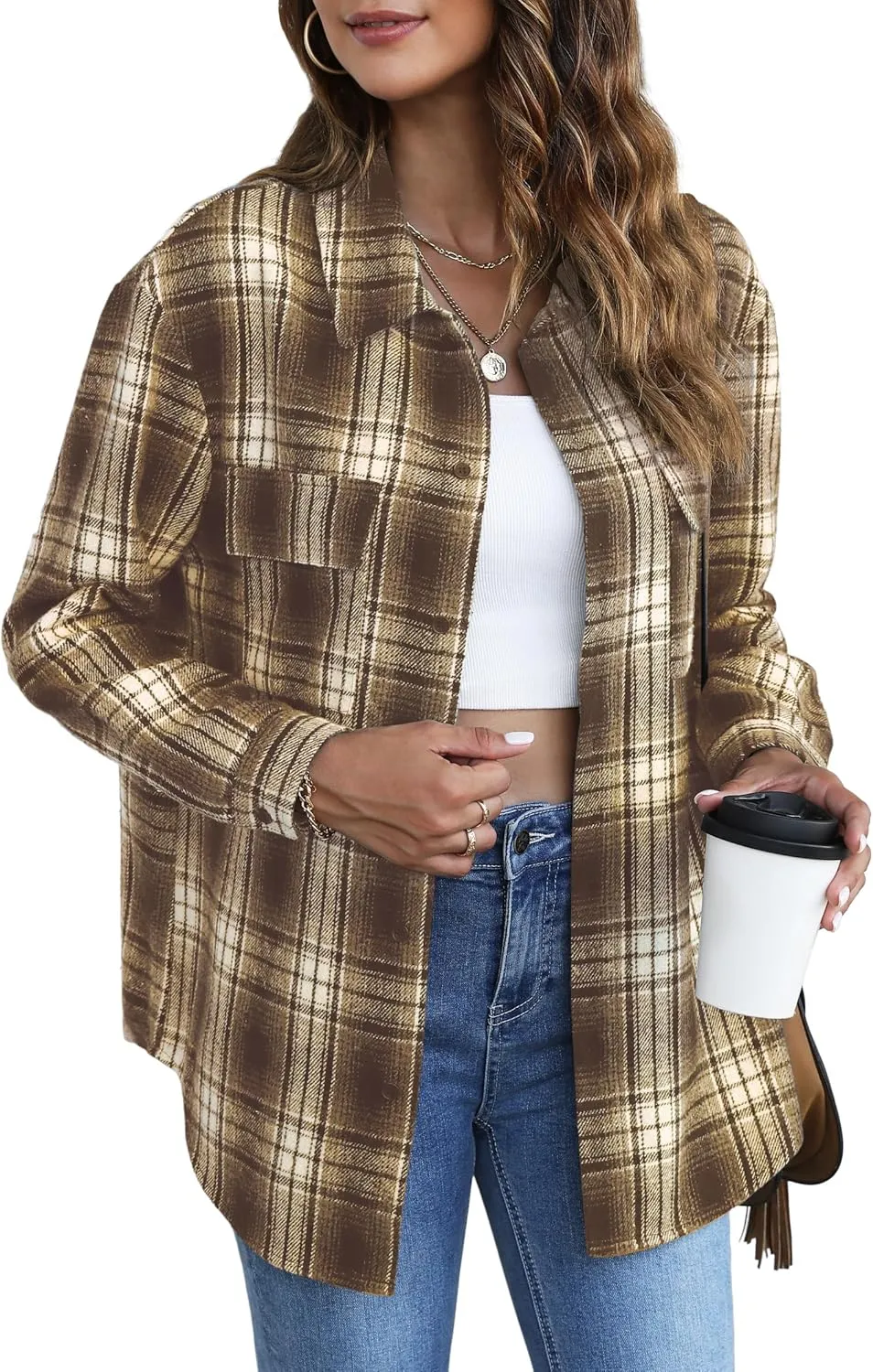 Jouica Womens 2024 Fall Clothes Plaid Shacket Jacket Long Sleeve Button Down Flannel Shirts Fashion Blouse