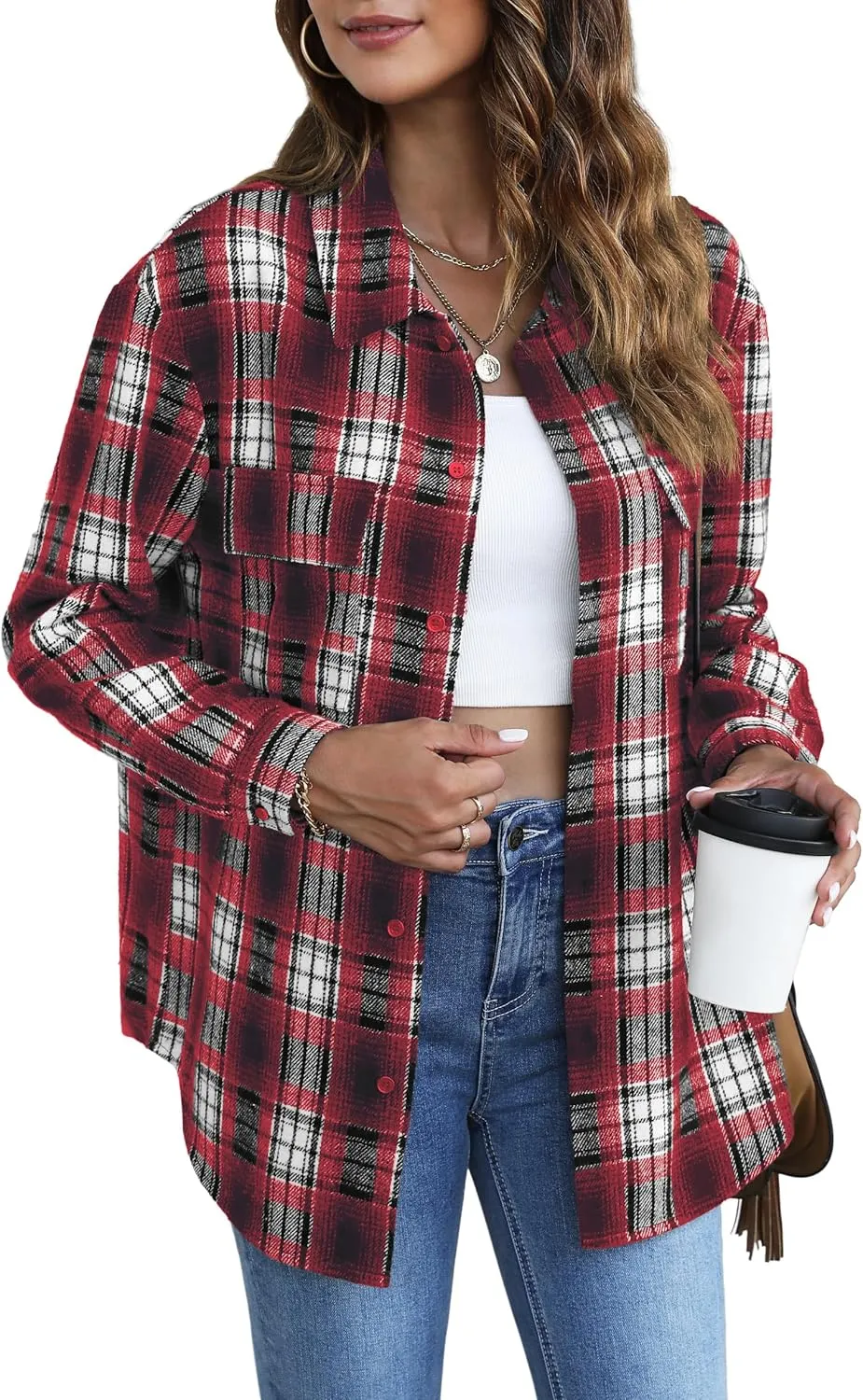 Jouica Womens 2024 Fall Clothes Plaid Shacket Jacket Long Sleeve Button Down Flannel Shirts Fashion Blouse