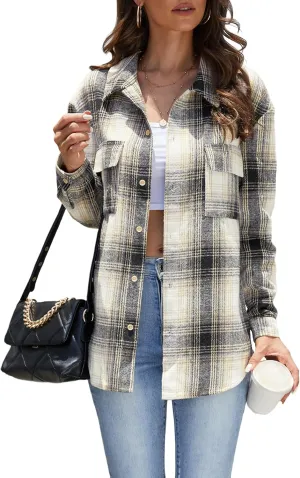 Jouica Womens 2024 Fall Clothes Plaid Shacket Jacket Long Sleeve Button Down Flannel Shirts Fashion Blouse
