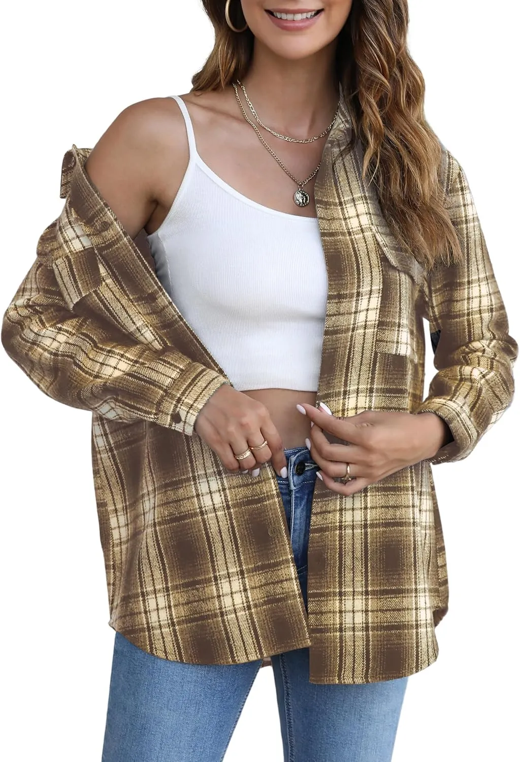 Jouica Womens 2024 Fall Clothes Plaid Shacket Jacket Long Sleeve Button Down Flannel Shirts Fashion Blouse