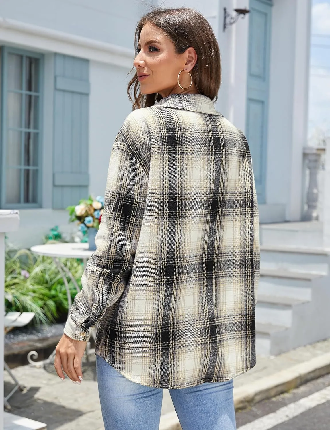 Jouica Womens 2024 Fall Clothes Plaid Shacket Jacket Long Sleeve Button Down Flannel Shirts Fashion Blouse