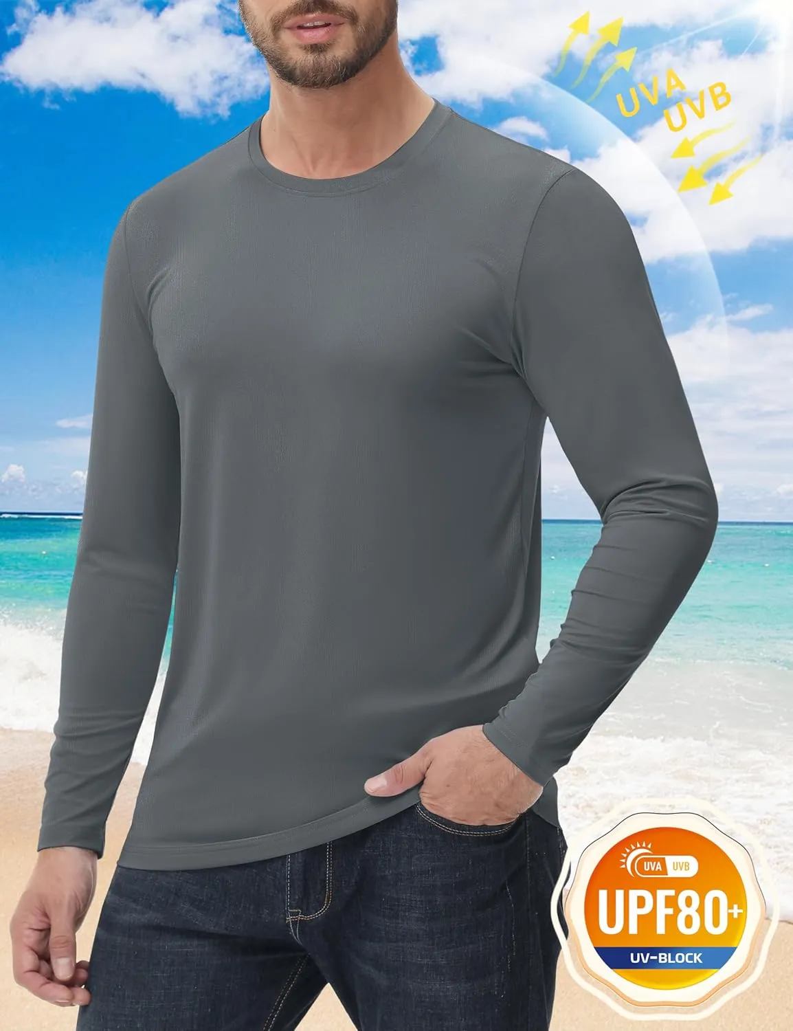 KEFITEVD Men's UPF 80  Sun Shirts Long Sleeve UV SPF Shirts Quick Dry Lightweight Rash Guard Polyester Swim T-Shirt