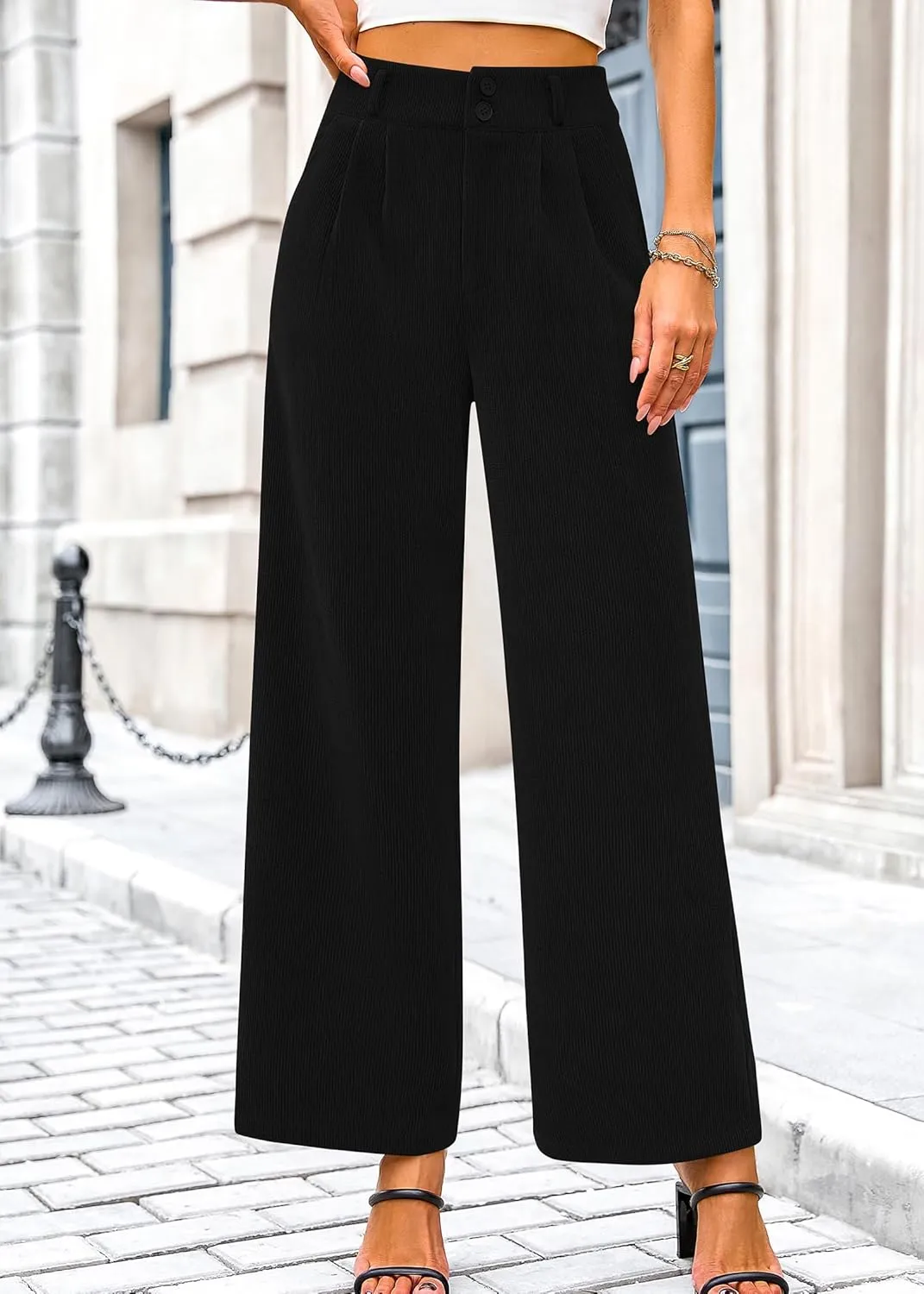 KIRUNDO Corduroy Pants Women High Waisted Wide Leg Pants Business Casual Fall Winter Straight Loose Trousers with Pockets