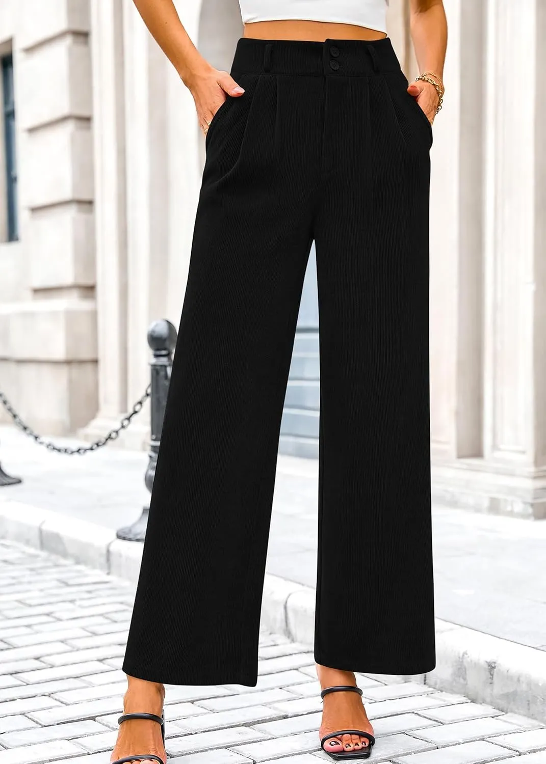 KIRUNDO Corduroy Pants Women High Waisted Wide Leg Pants Business Casual Fall Winter Straight Loose Trousers with Pockets