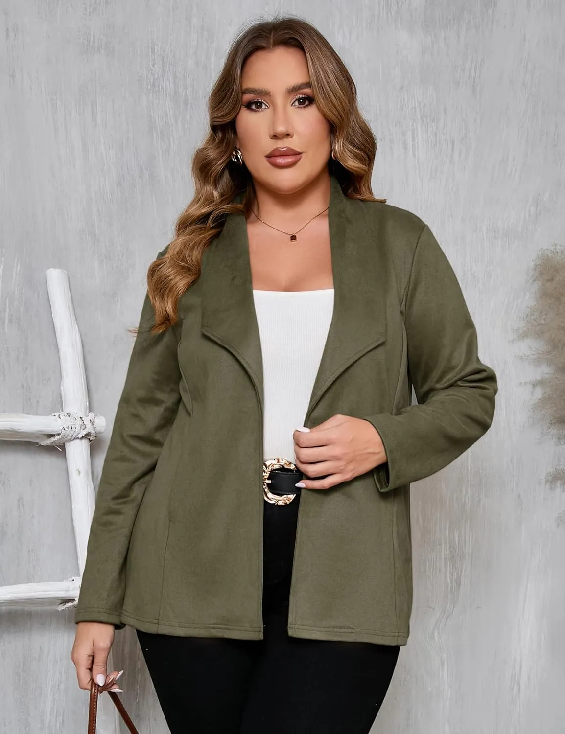 KOJOOIN Women Plus Size Faux Suede Jacket Cardigan Open Front Lapel Long Sleeves Cozy Blazer Coat with Pockets