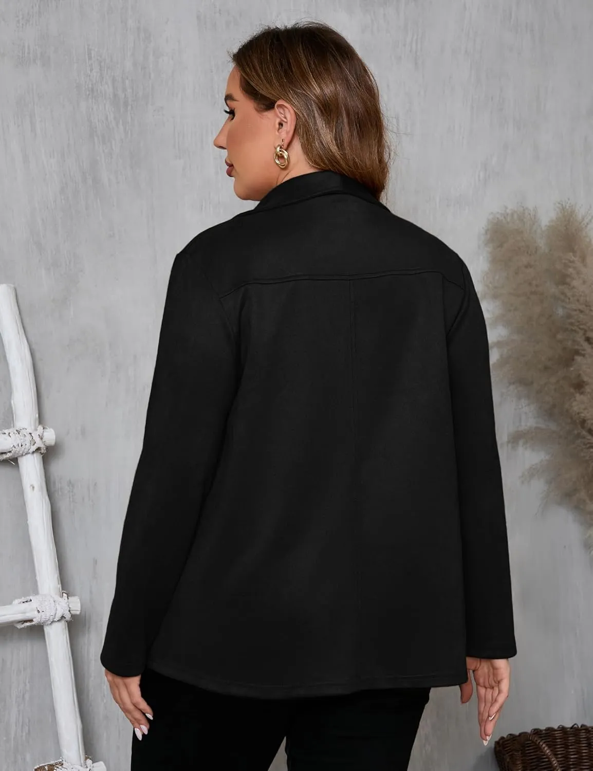 KOJOOIN Women Plus Size Faux Suede Jacket Cardigan Open Front Lapel Long Sleeves Cozy Blazer Coat with Pockets