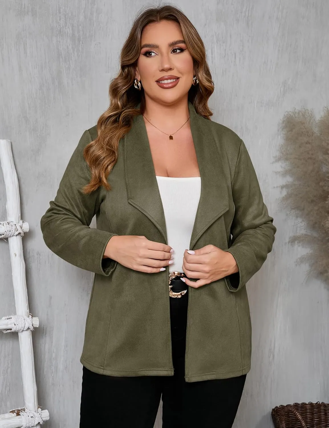 KOJOOIN Women Plus Size Faux Suede Jacket Cardigan Open Front Lapel Long Sleeves Cozy Blazer Coat with Pockets