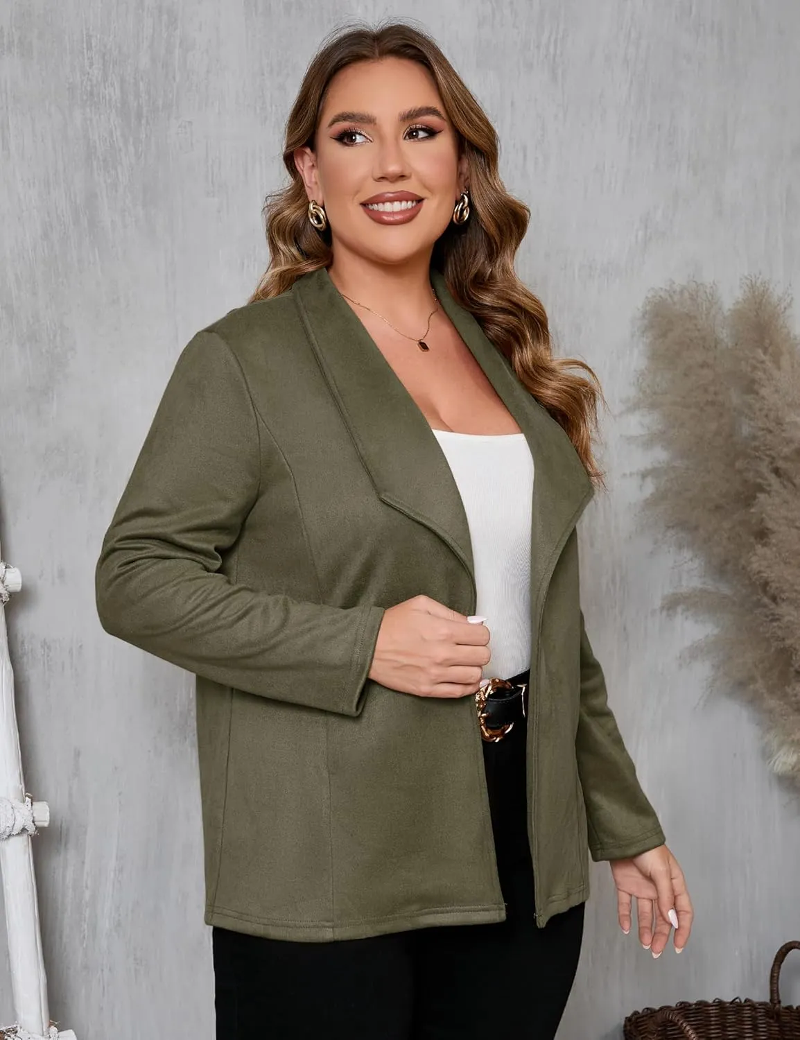 KOJOOIN Women Plus Size Faux Suede Jacket Cardigan Open Front Lapel Long Sleeves Cozy Blazer Coat with Pockets