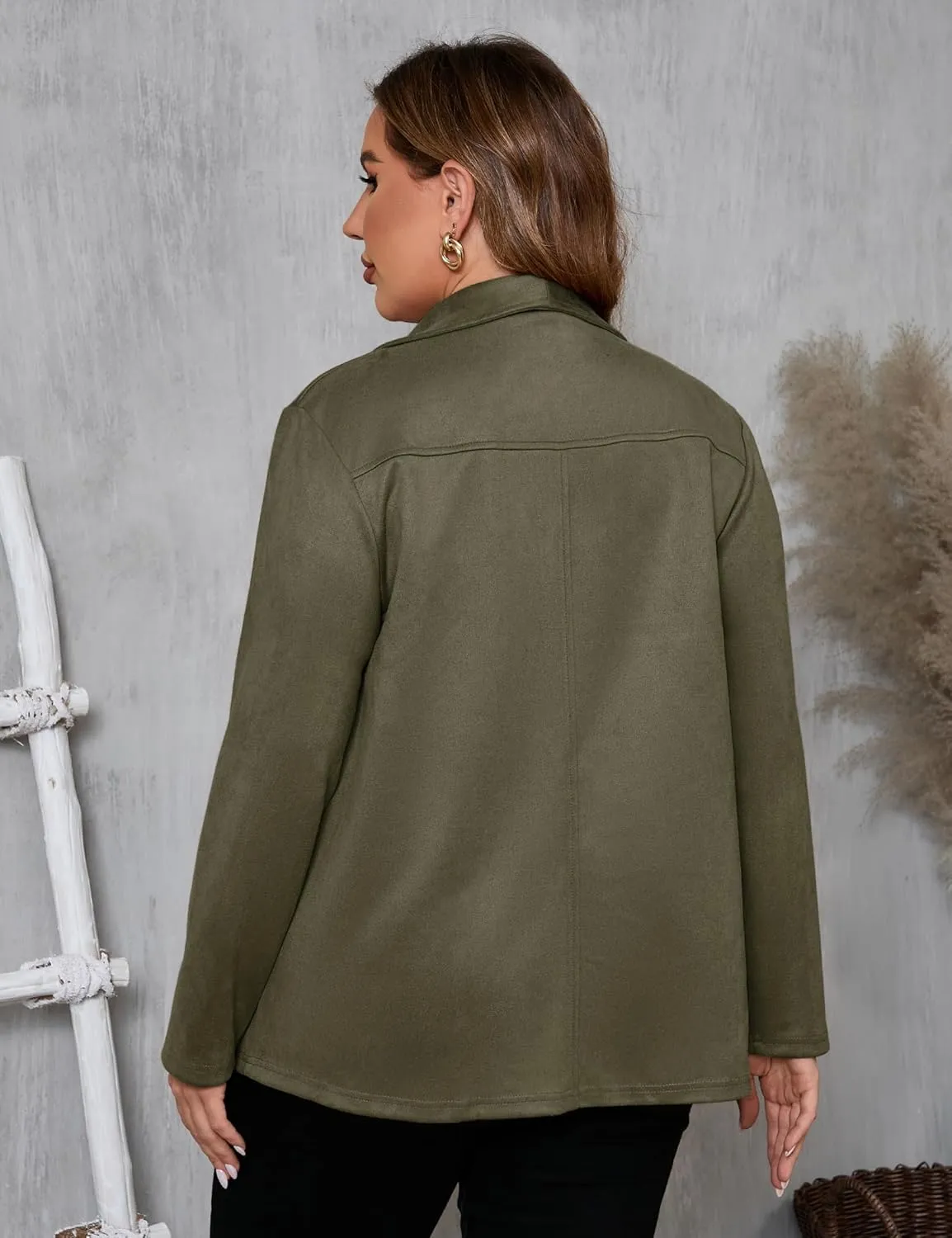 KOJOOIN Women Plus Size Faux Suede Jacket Cardigan Open Front Lapel Long Sleeves Cozy Blazer Coat with Pockets