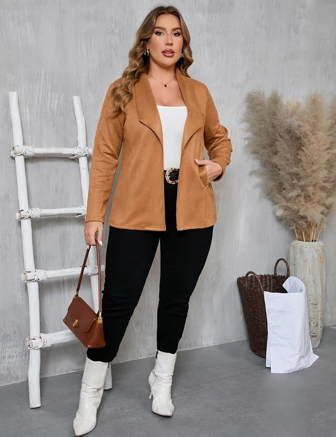 KOJOOIN Women Plus Size Faux Suede Jacket Cardigan Open Front Lapel Long Sleeves Cozy Blazer Coat with Pockets