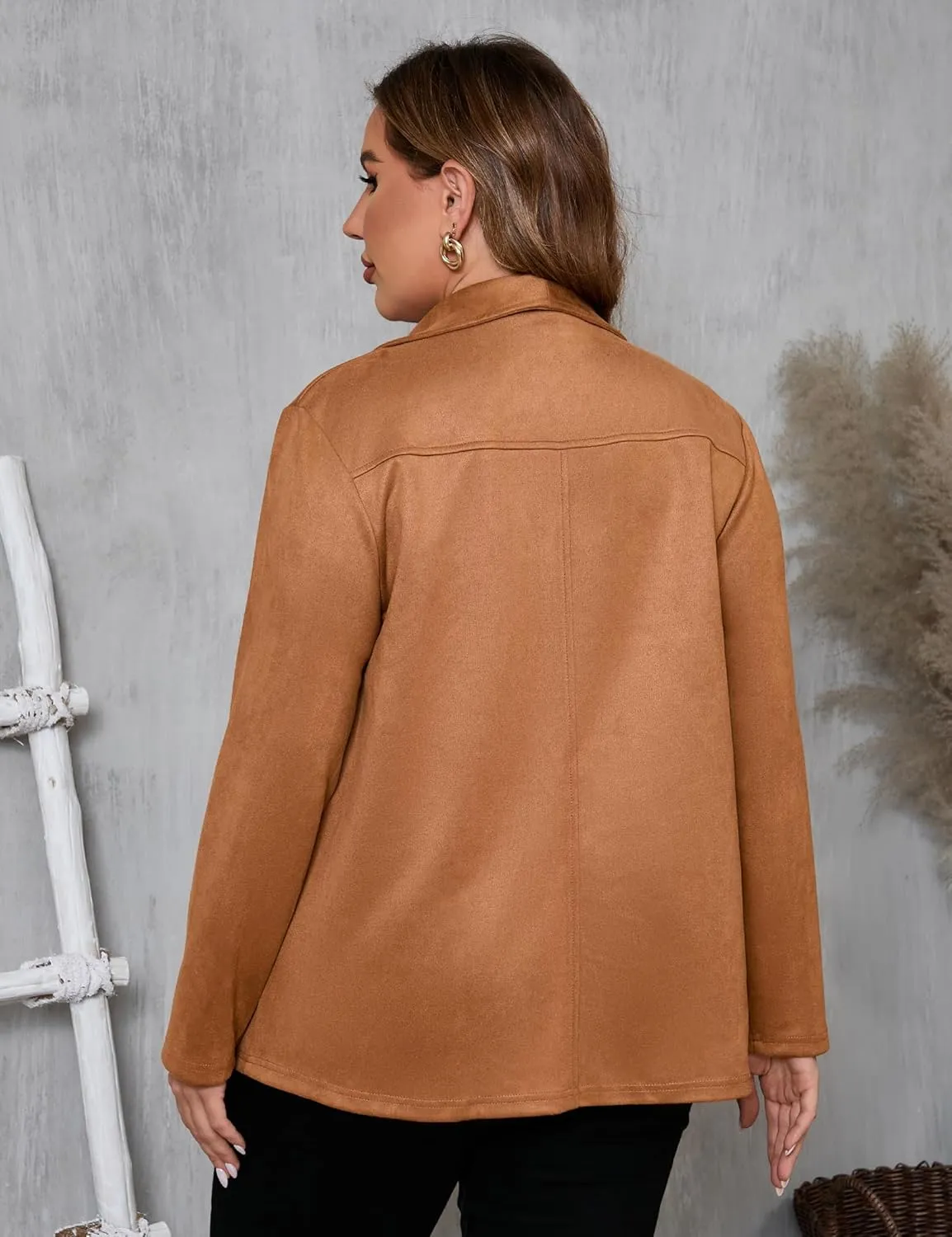 KOJOOIN Women Plus Size Faux Suede Jacket Cardigan Open Front Lapel Long Sleeves Cozy Blazer Coat with Pockets