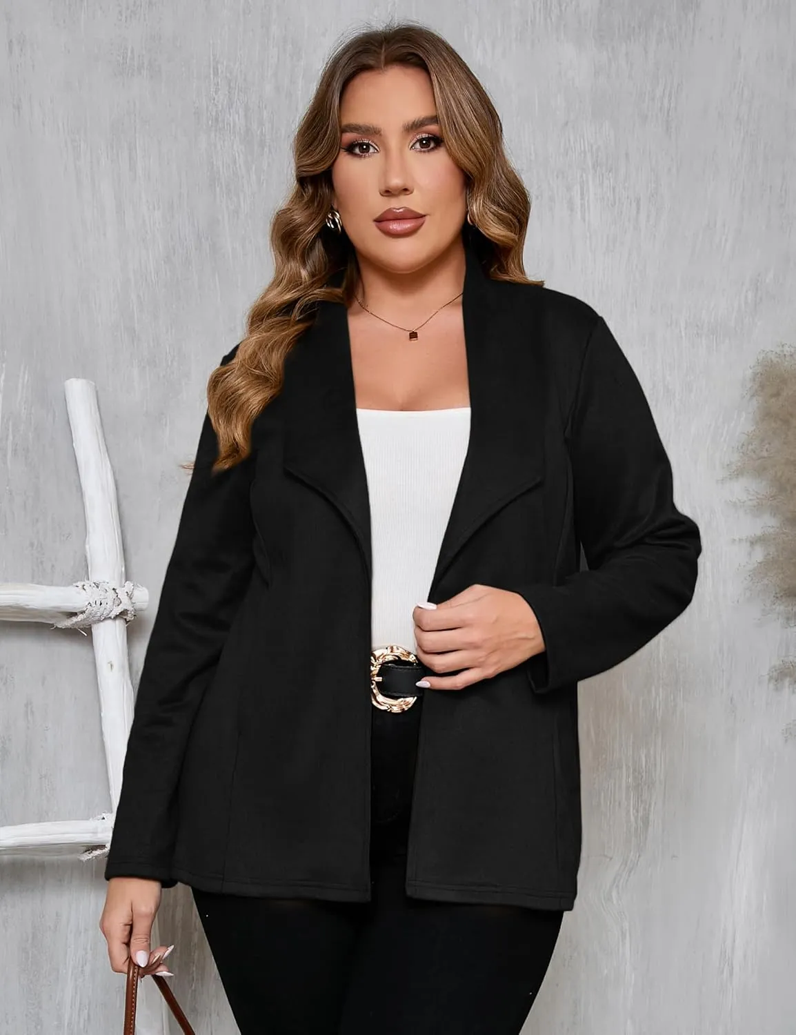 KOJOOIN Women Plus Size Faux Suede Jacket Cardigan Open Front Lapel Long Sleeves Cozy Blazer Coat with Pockets