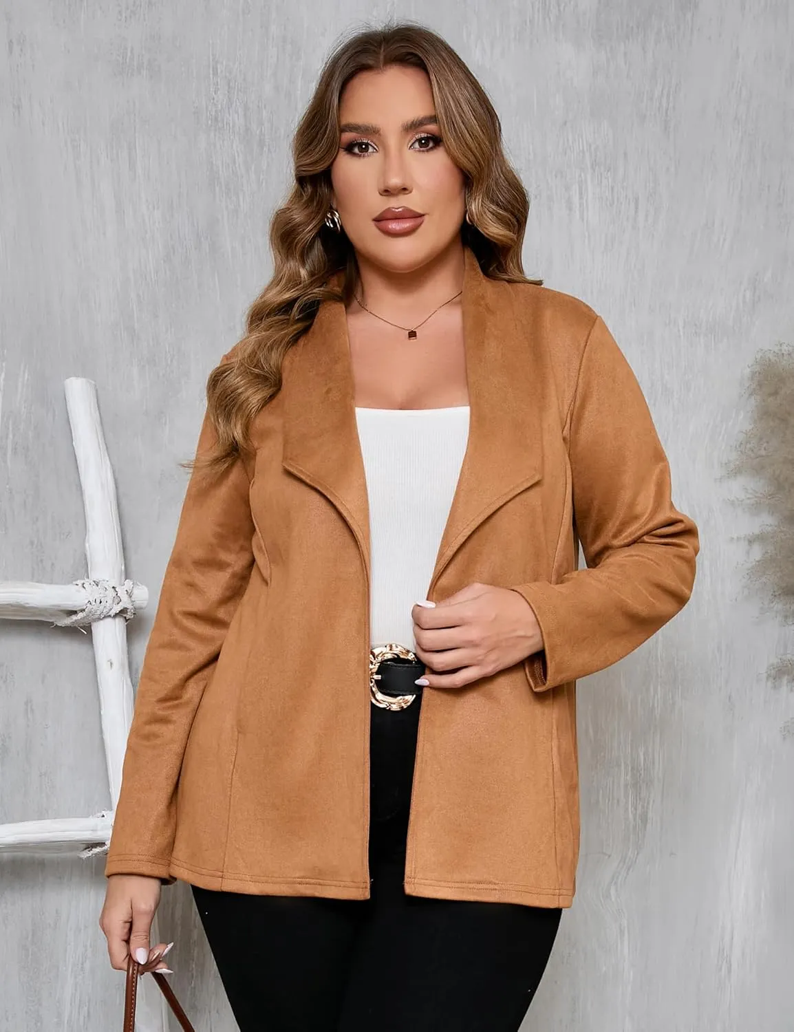KOJOOIN Women Plus Size Faux Suede Jacket Cardigan Open Front Lapel Long Sleeves Cozy Blazer Coat with Pockets