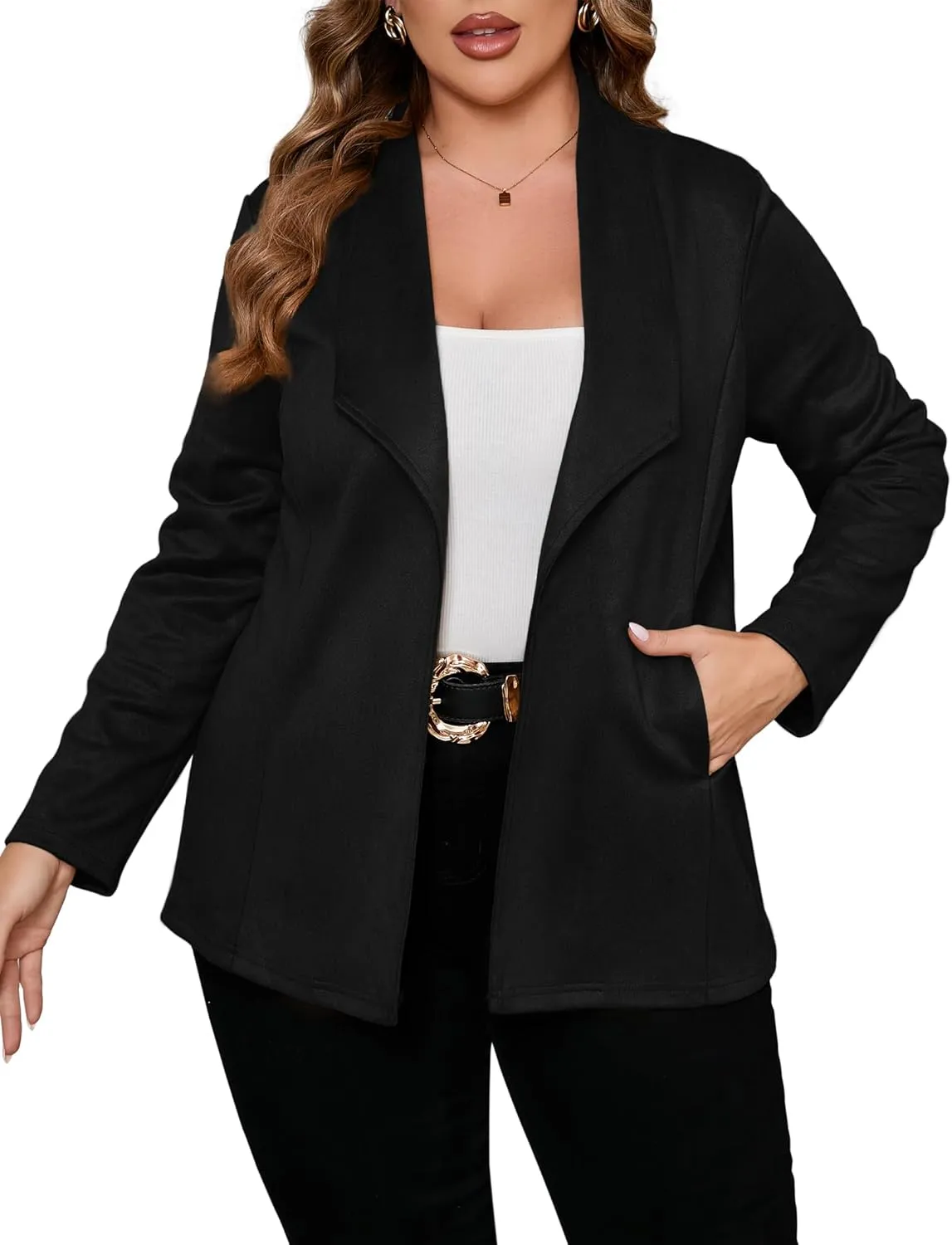 KOJOOIN Women Plus Size Faux Suede Jacket Cardigan Open Front Lapel Long Sleeves Cozy Blazer Coat with Pockets