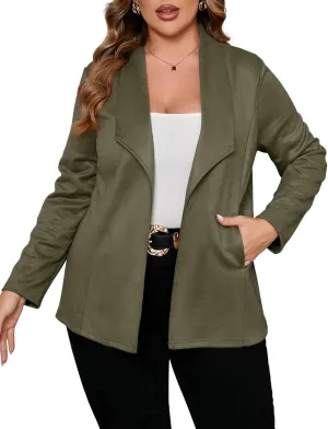 KOJOOIN Women Plus Size Faux Suede Jacket Cardigan Open Front Lapel Long Sleeves Cozy Blazer Coat with Pockets