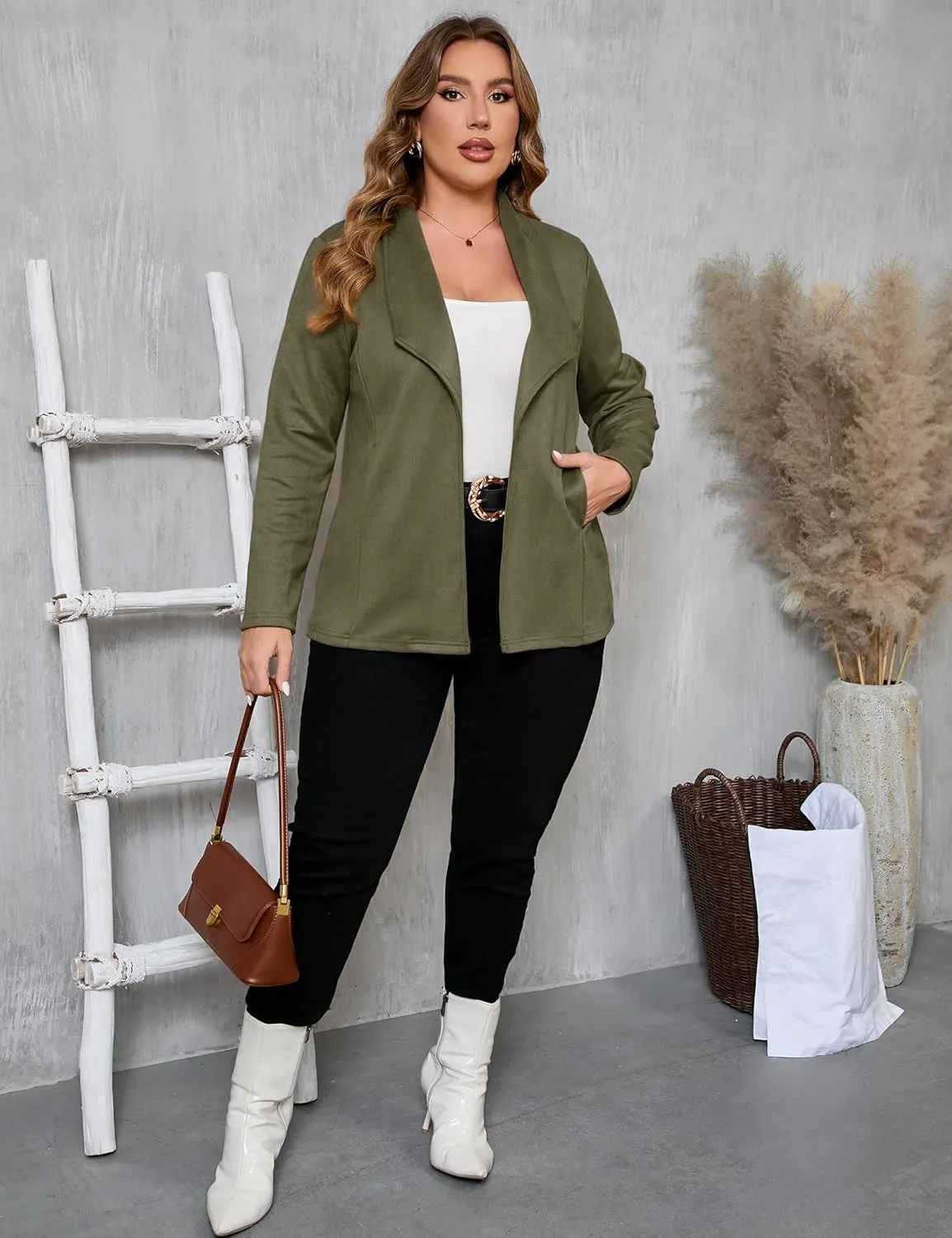 KOJOOIN Women Plus Size Faux Suede Jacket Cardigan Open Front Lapel Long Sleeves Cozy Blazer Coat with Pockets