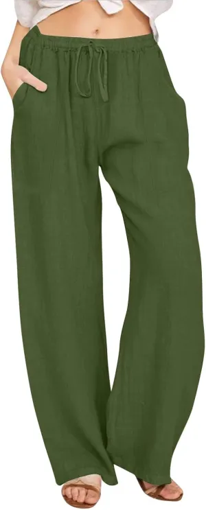 KUIOLYPOER Women's Cotton Linen Pants Summer Wide Leg Casual Loose Drawstring High Waist Palazzo Pants Trousers with Pockets